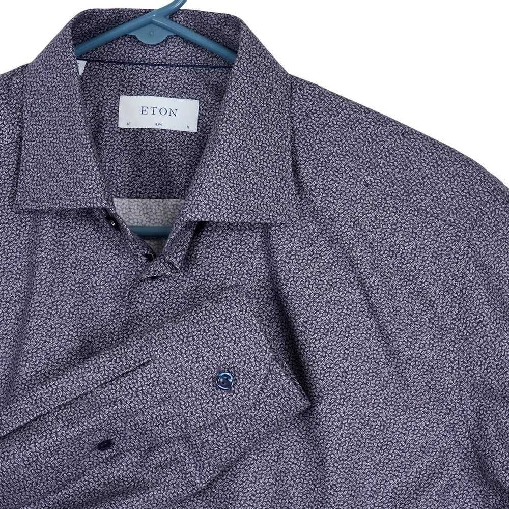 Eton Button Down Shirt Mens 16 Slim Navy Blue Micro Leaf Print 100% Cotton